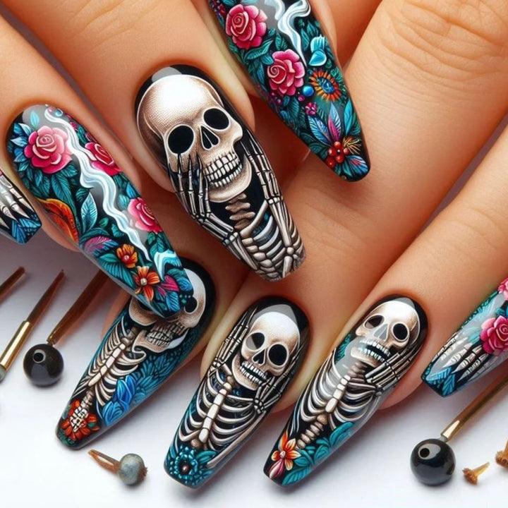 Gothic-Skelett-Themen-Acryl-Nagelkunst-Verlängerungen Karnz
