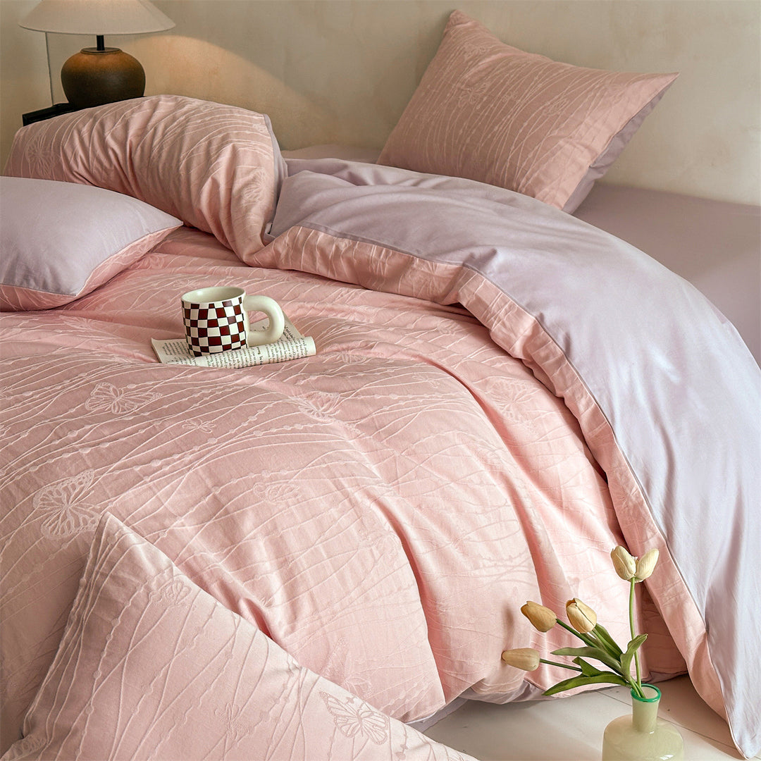 Gepolstertes Schmetterlings-Jacquard-Bettwäsche-Set mit wendbarem Soft-Feel-Futter und Umschlagkissenbezügen