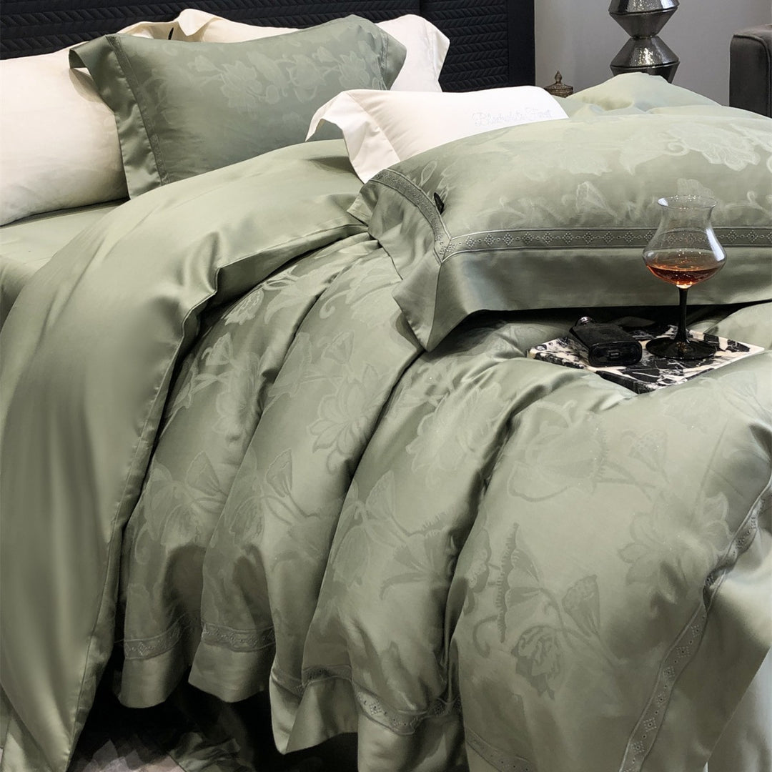 Premium Floral Jacquard Sateen Bettbezug Set mit besticktem Saum