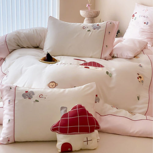 Kinder-Bettwäsche-Set aus Baumwollsatin mit applizierten Bären- und Auto-Motiven
