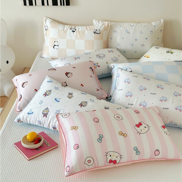 Kinder-Kissenbezug-Set aus Baumwollsatin mit Panda-Print und kariertem Design Karnz