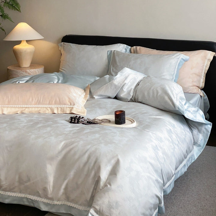 Luxuriöser Satin-Jacquard Bettbezug Set mit Spitzenbesatz Kissenbezügen