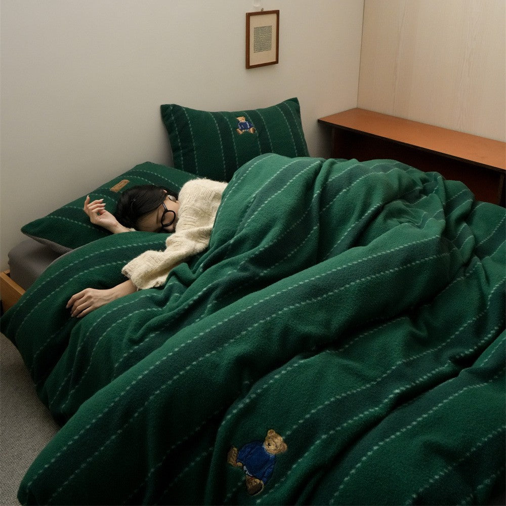 Reversible Plush Fleece Striped Duvet Cover Set with Embroidered Teddy Pillow Shams