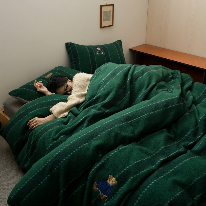 Reversible Plush Fleece Striped Duvet Cover Set with Embroidered Teddy Pillow Shams