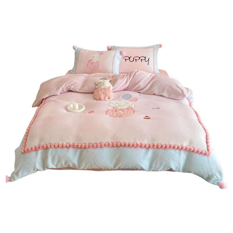 Kinderbettwäsche-Set mit Teddy-Fleece-Decke, Pompon-Saum und niedlichem Welpen-Motiv