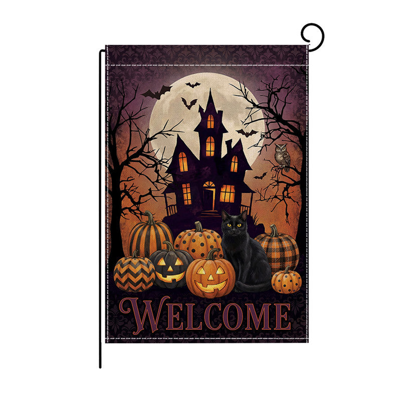 Schwerlast-Halloween-Spun-Polyester-Dekorationsgartenflagge mit verspielten Geistern und Kürbislaternen