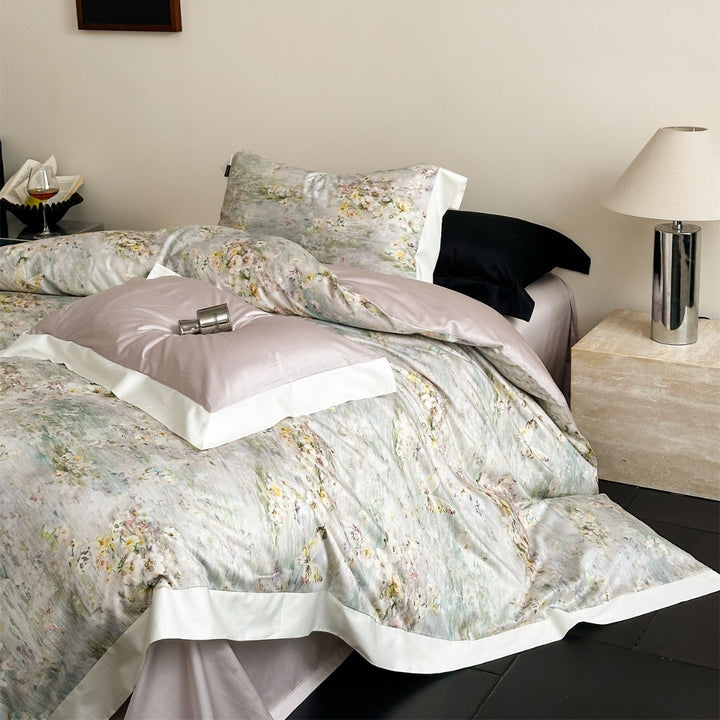 Umkehrbare Wasserfarben Blumen Sateen Bettbezug Set mit Satinbesatz