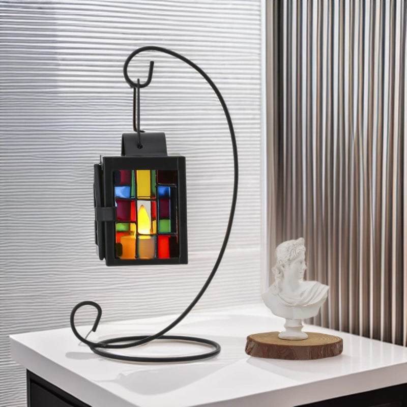 Buntglas-Mosaik-Hängeteelichthalter mit Metallrahmen Karnz