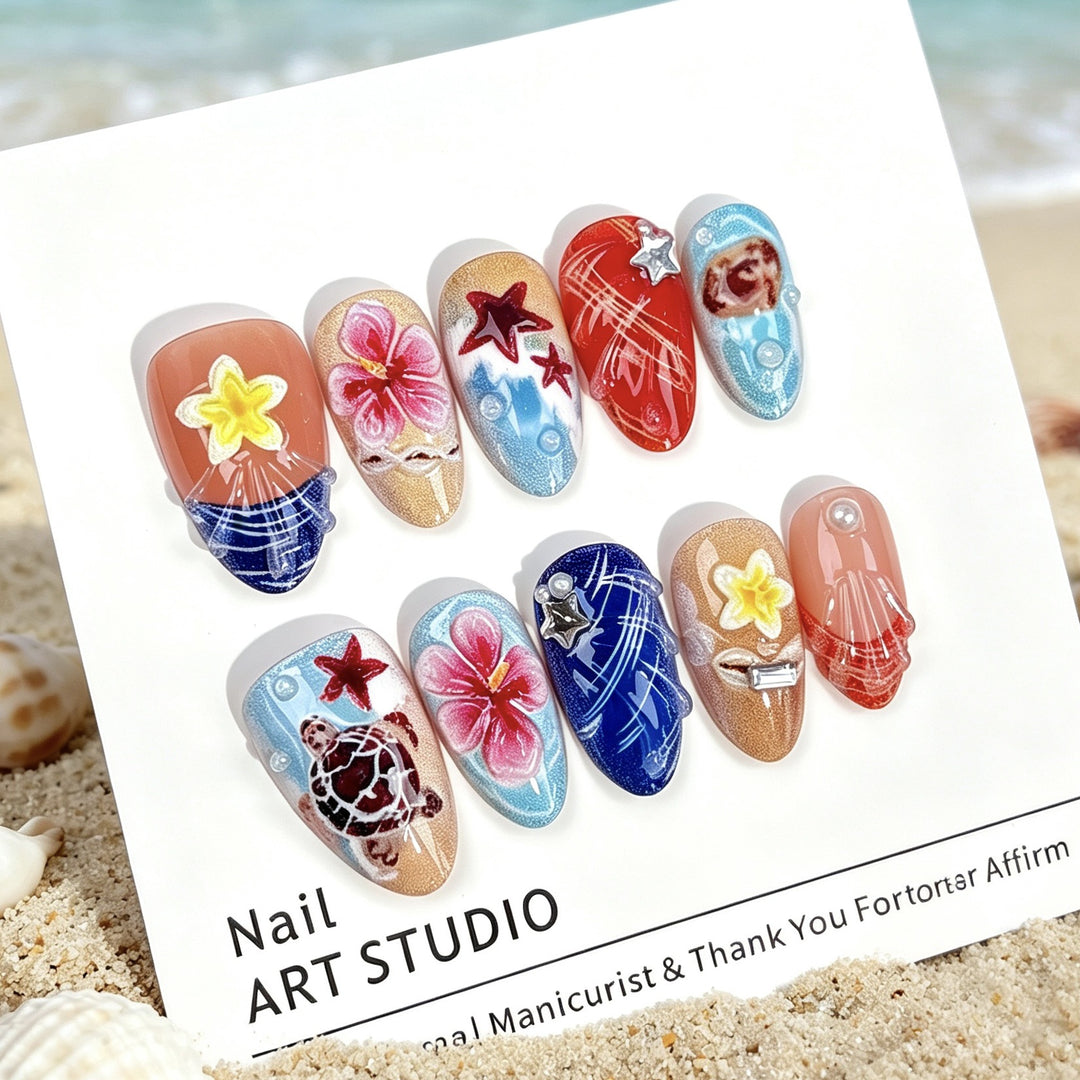Themen Press-On Nagelkunst Set mit ozeanischen Designs