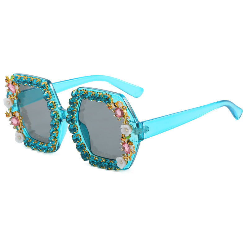 Damen extravagante Hexagon-Sonnenbrille mit Kristallverzierung Karnz