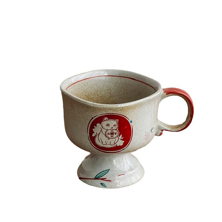 Keramik-Fußbecher mit Henkel und handbemalter Hasen-Illustration
