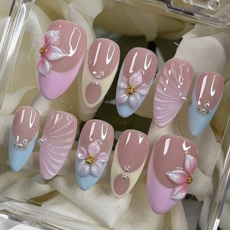 Künstlerisches Floral- und Stern-Applikationen Press-On Nagelset Karnz