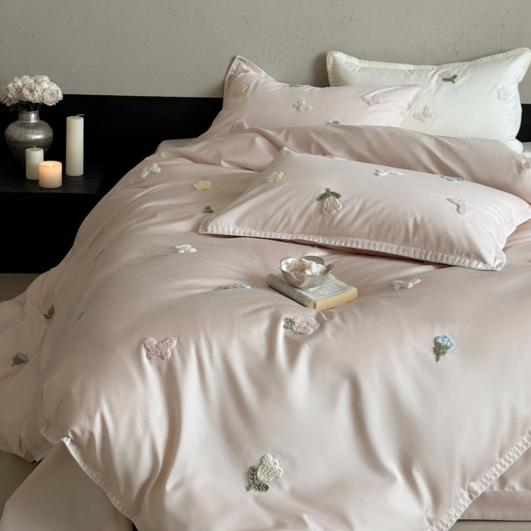 Chenille Applizierte Satin Bettbezug Set mit Handgestickten Blumenmotiven