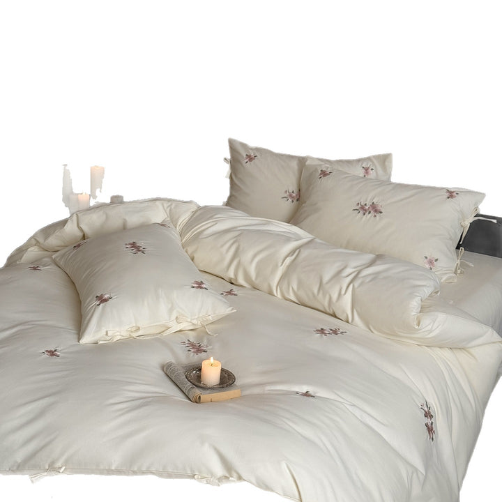 Bestickte Baumwoll-Bettbezug-Sets mit Eckbindern & floralem Motiv