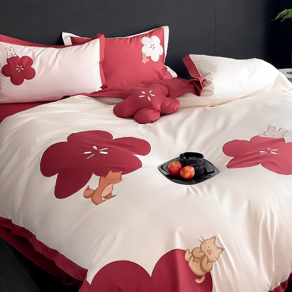 Floral Applikation Baumwollsatin Bettbezug Set mit dekorativen Kissenbezügen