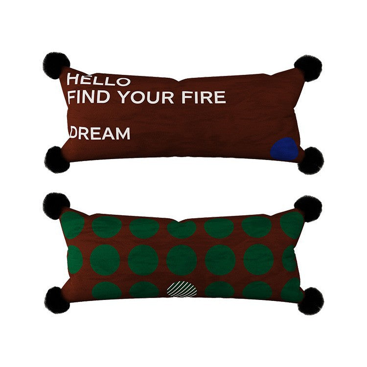 Decorative Long Lumbar Velvet Pillow with Checkerboard Jacquard, Pom-Pom Corners and Patchwork Accents