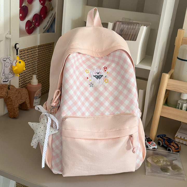 Niedlicher karierten Rucksack mit gestickten Akzenten