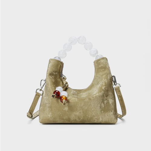 Wildleder Halbmond Schultertasche mit Acrylperlen-Obergriff & abnehmbarem Umhängegurt