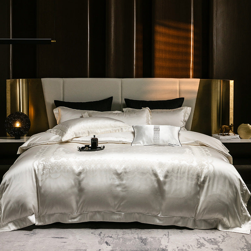 Luxus Satin Bettbezug Set mit Spitzen-Stickerei Rand und Kissenbezügen