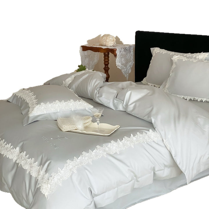 Satin Bettbezug Set mit Spitzenbesatz und Kissenbezügen mit Wimpernfransen