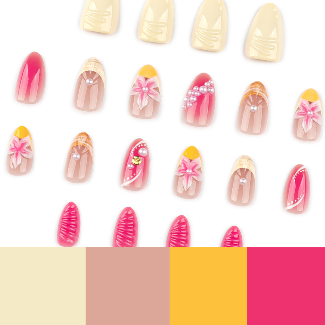 Kunstvolle Nagelverlängerungen mit floralen und perlenverzierten Akzenten Karnz