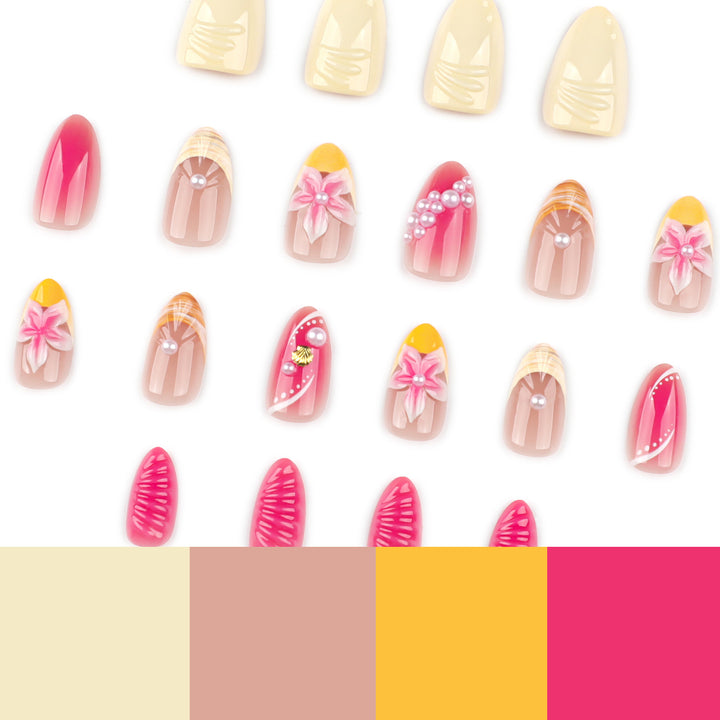 Kunstvolle Nagelverlängerungen mit floralen und perlenverzierten Akzenten Karnz