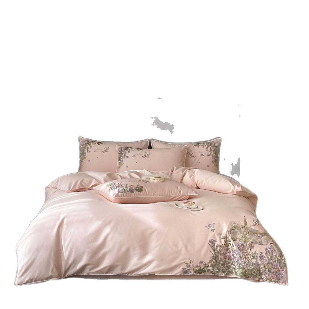 Luxuriöser Satin bestickter Bettbezug Set mit floralem Pariser Motiv