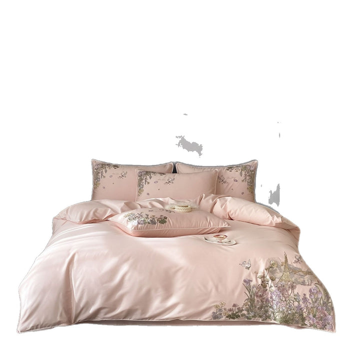 Luxuriöser Satin bestickter Bettbezug Set mit floralem Pariser Motiv