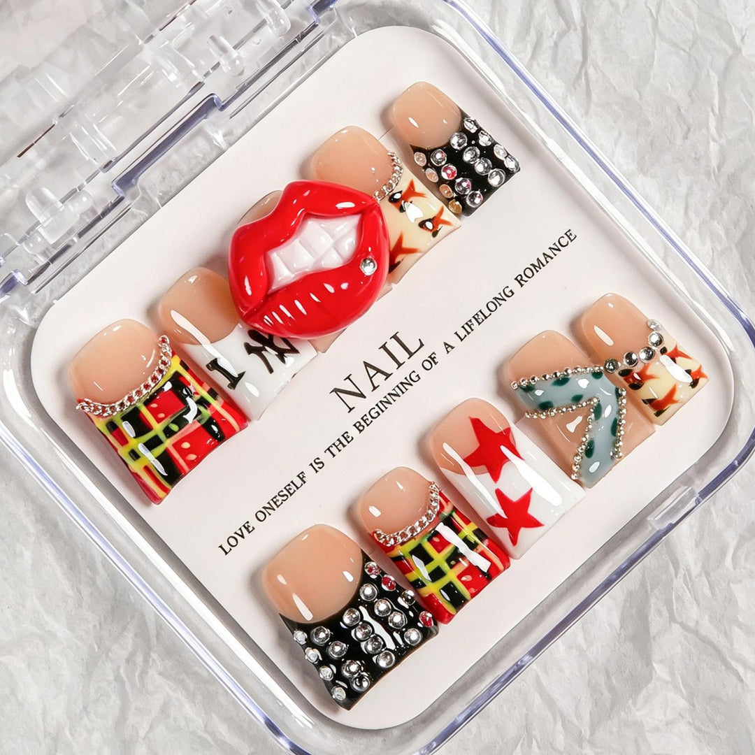 Künstlerisches Press-On-Nagelset mit lustigen Designs