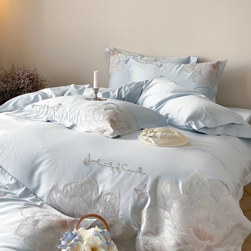 Satin-Feeling Besticktes Florales Bettbezug Set mit Kissenbezügen