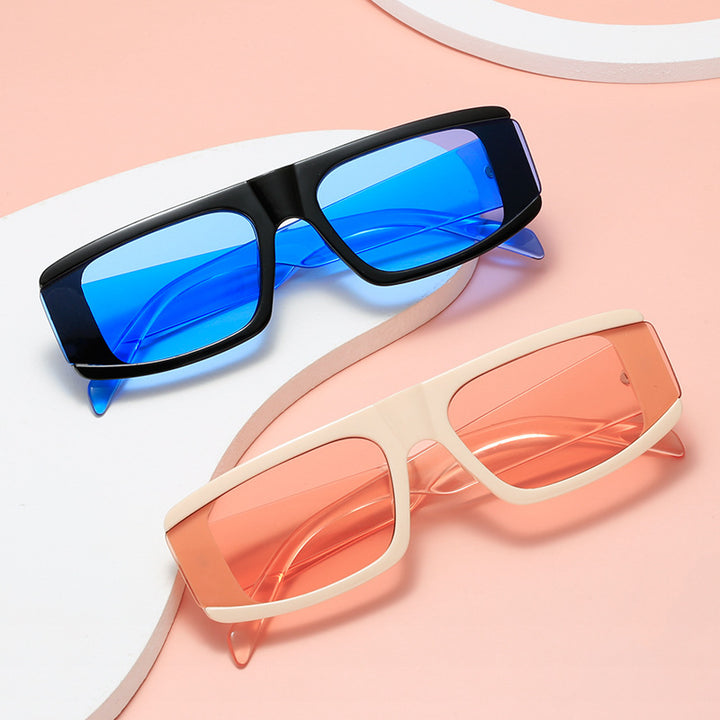 Damen modische Sonnenbrille mit futuristischem Design und transparenten Rahmen Karnz