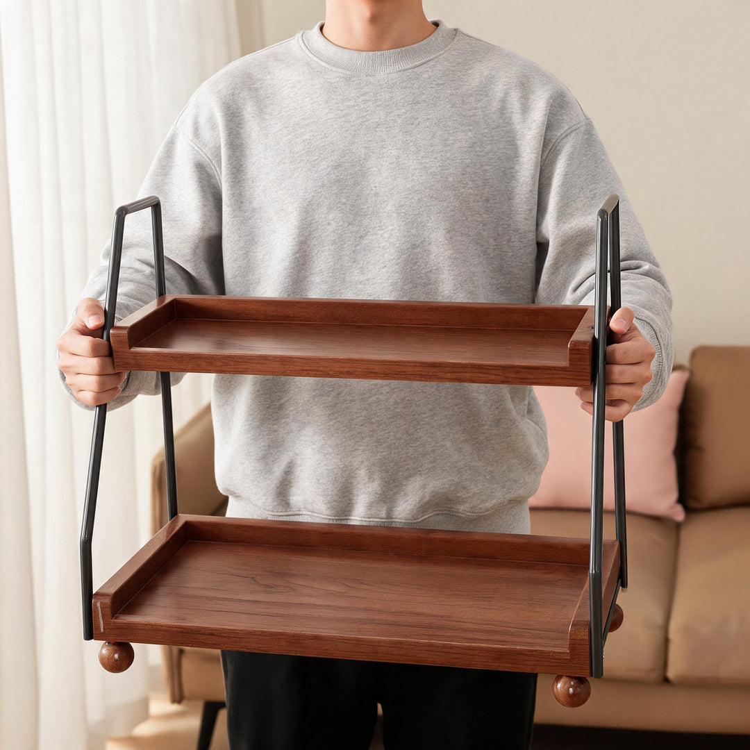 Kompakte Zweitier Walnuss Holz Arbeitsplatte Tee und Kaffee Station Organizer mit Metall A-Rahmen