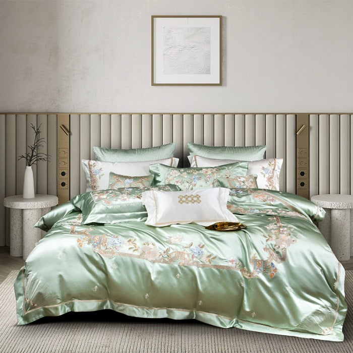 Luxuriöser gestickter Satin Bettbezug mit floralem Jacobean-Stick und Oxford-Kissenbezügen