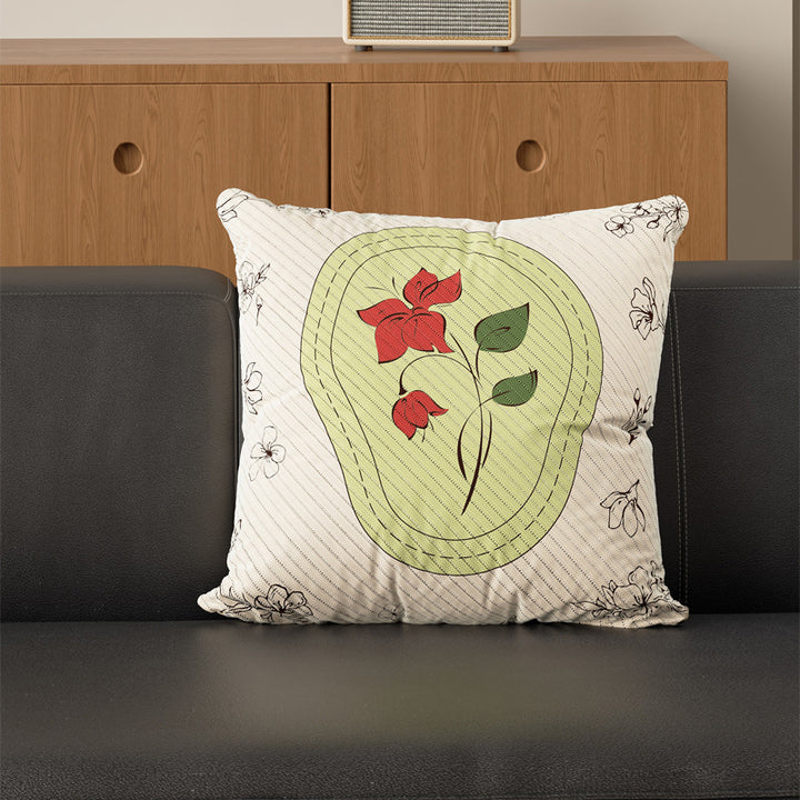Decorative Square Cotton-Linen Throw Pillow Cover with Quilted Botanical Medallion