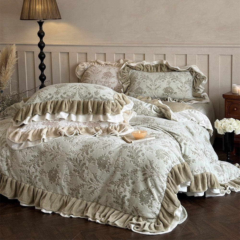 Rüschensamtbesatz Jacquard Damast Bettbezug Set