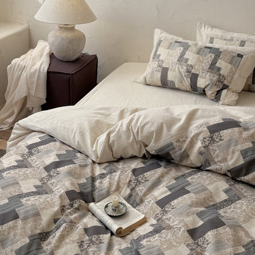 Patchwork gesteppte Bettbezugset mit Leinen-Mischung Percale Kissenbezügen