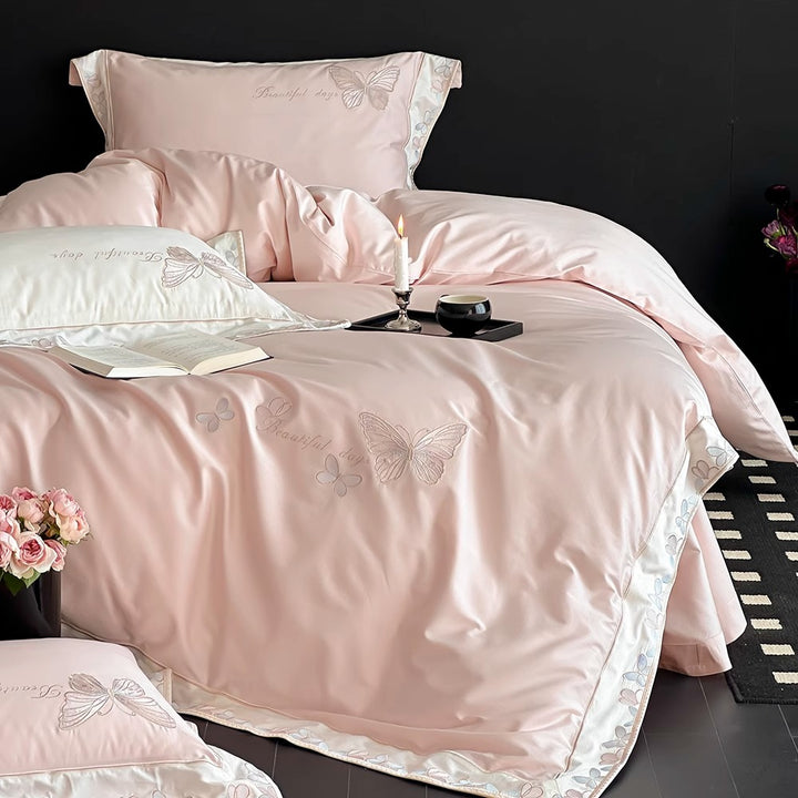 Bestickte Schmetterling Baumwollsatin Bettbezug Set