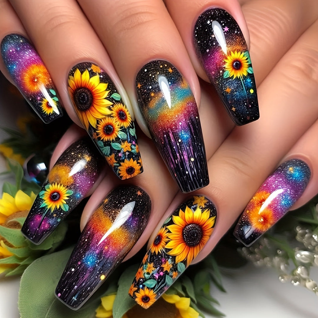 Kunstnägel Im Kreativen Sonnenblumen- und Galaxie-Design Karnz