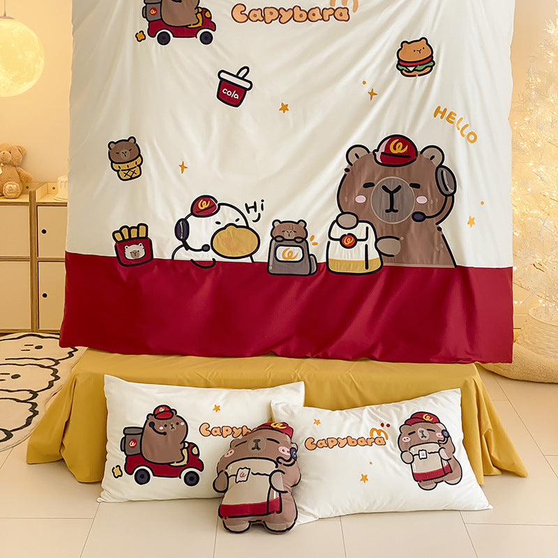 Kinder Cartoon Katze Baumwollsatin Bettbezug Set mit ohrförmigen Kissenbezügen und plüschigem Akzentkissen