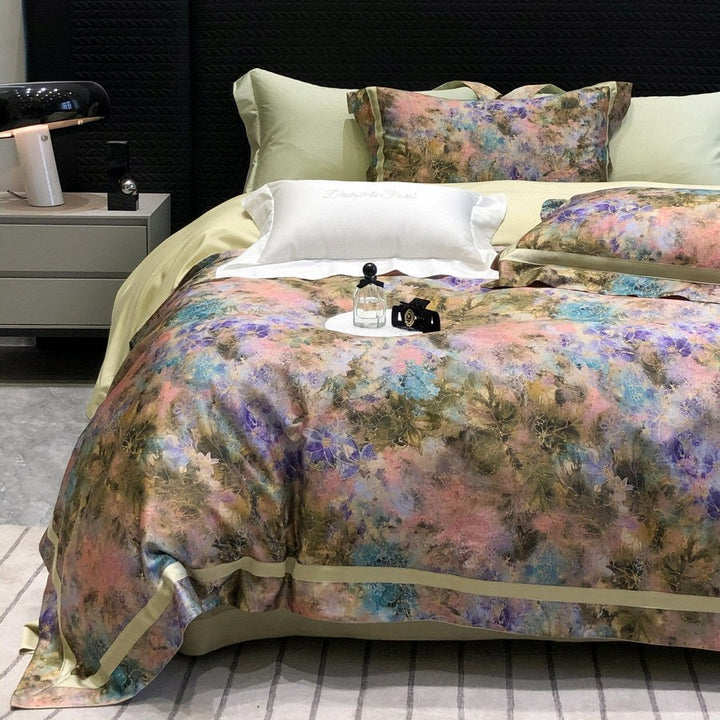 Satin-Feel Aquarell Floral Bettbezug Set mit Kissenbezügen