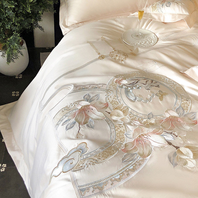 Bestickte florale & Liedvogel Luxus Baumwolle Bettbezug Set mit dekorativem runden Kissen