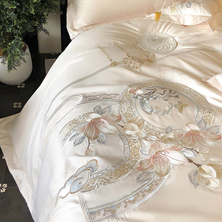 Bestickte florale & Liedvogel Luxus Baumwolle Bettbezug Set mit dekorativem runden Kissen