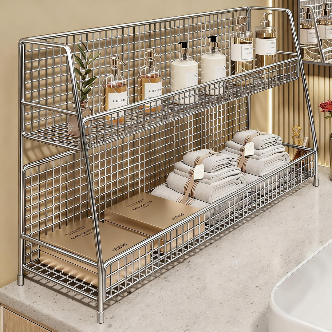 Multi-Ebenen Drahtgitter Arbeitsplattenorganizer mit schrägem Rahmen und belüfteten Mesh-Regalen