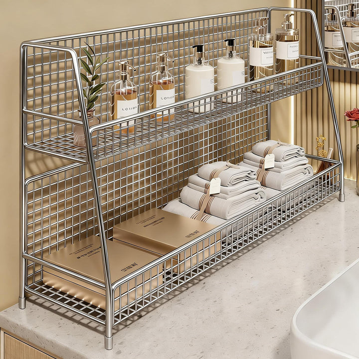 Multi-Ebenen Drahtgitter Arbeitsplattenorganizer mit schrägem Rahmen und belüfteten Mesh-Regalen