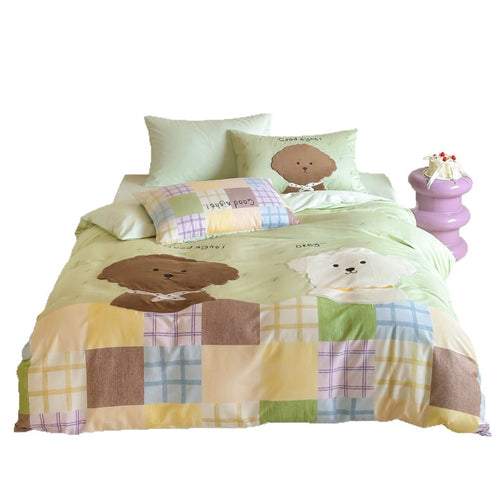 Kinder Cartoon Welpen Patchwork Bettwäsche Set mit Applikations-Kissenbezug