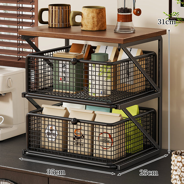 Küchenarbeitsplatte Kaffee Station Organizer mit Holzoberfläche und Metalldrahtkorb