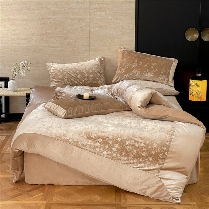 Samt-Bettwäschegarnitur mit eingeprägtem Bambusmotiv und Wendefunktion