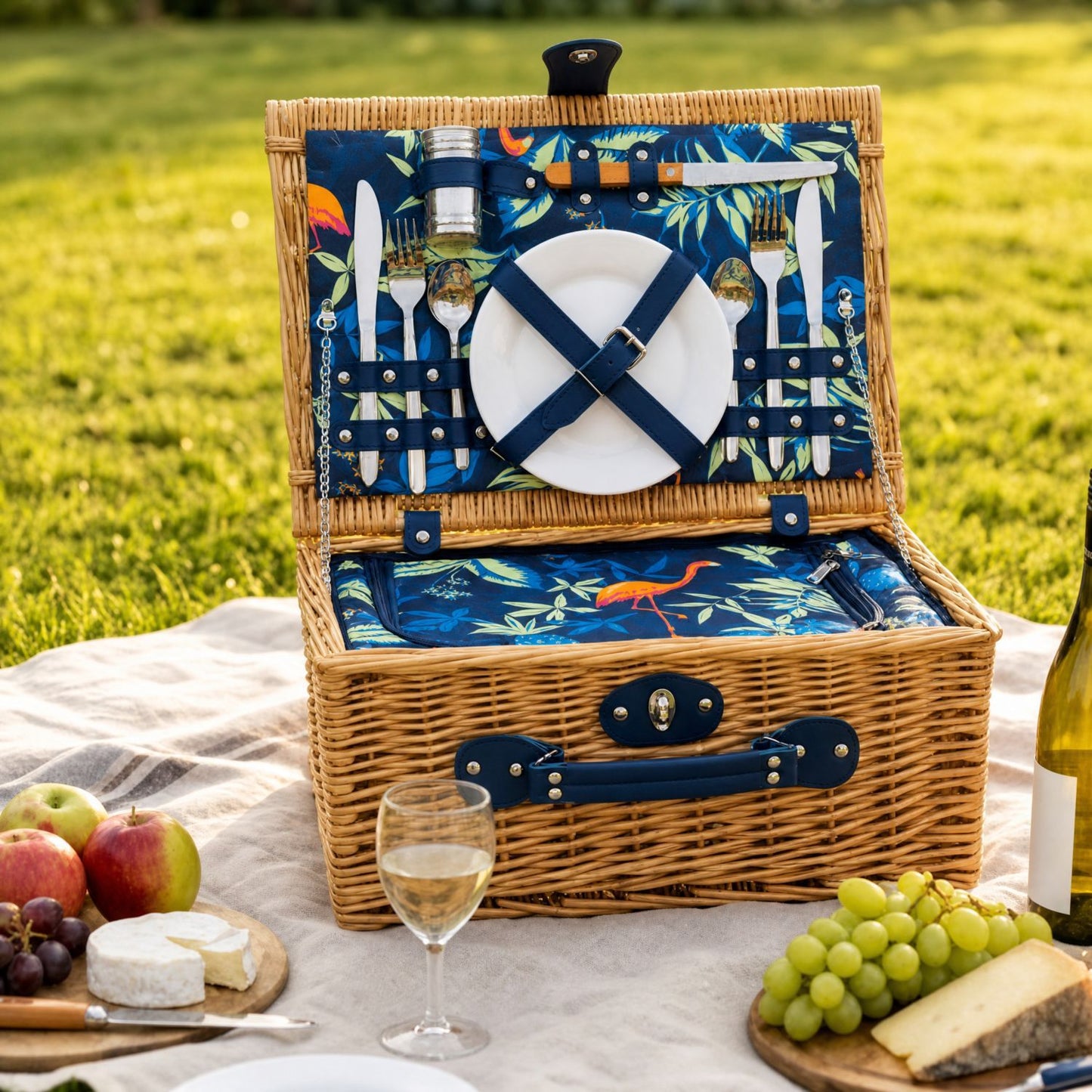Damen Luxus Picknickkorb mit versetztem Geschirrfach und floralem Innenfutter Karnz