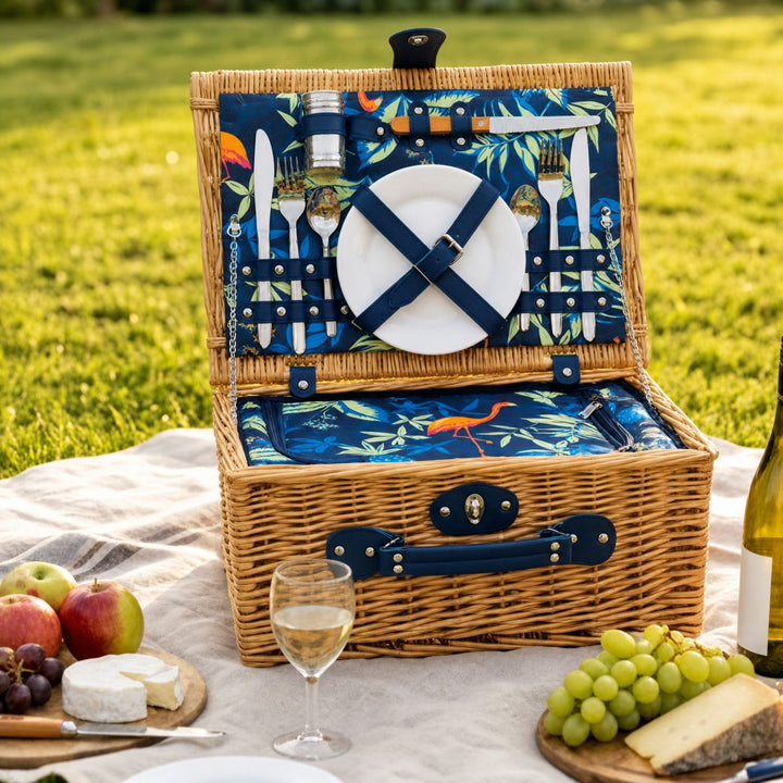 Damen Luxus Picknickkorb mit versetztem Geschirrfach und floralem Innenfutter Karnz