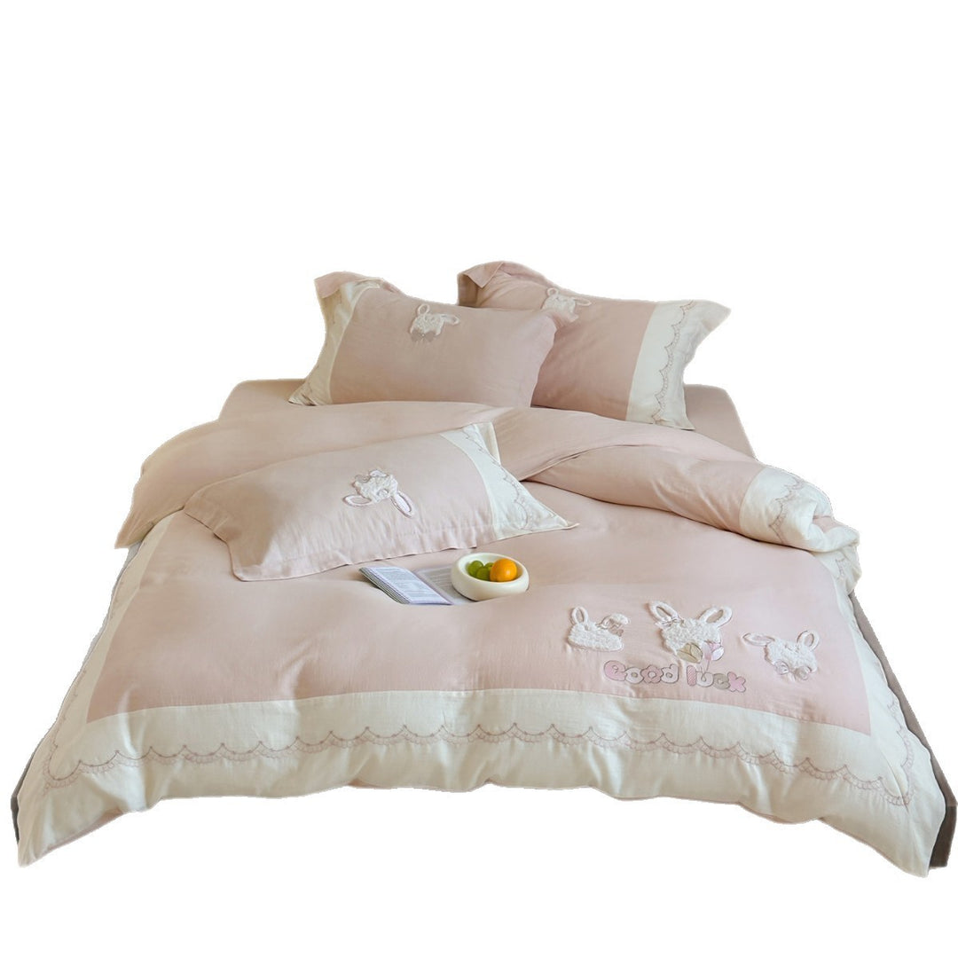 Umkehrbare Baumwoll-Leinen Applikation Bunny Bettdeckenbezug-Set mit besticktem gewelltem Rand